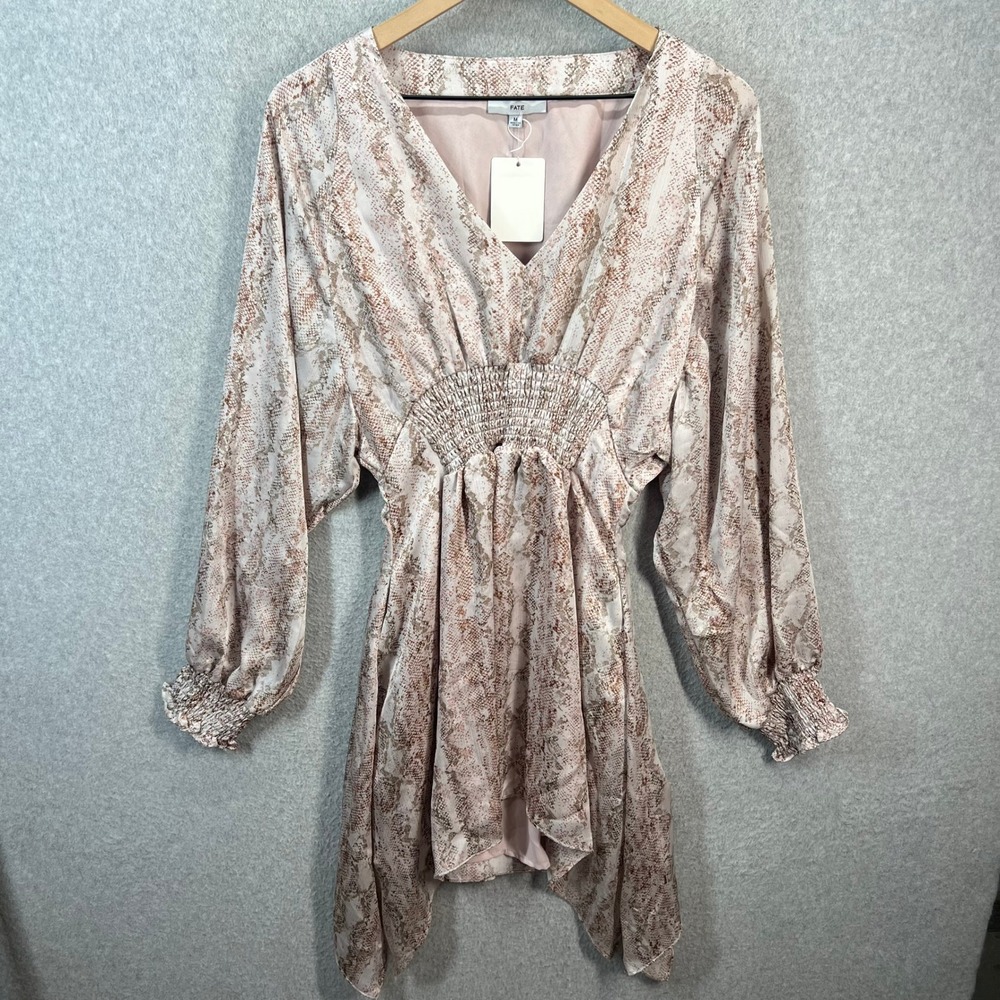 Fate Mauve Snakeskin Print V-Neck Smocked Waist Handkerchief Hem Mini Dress Sz M